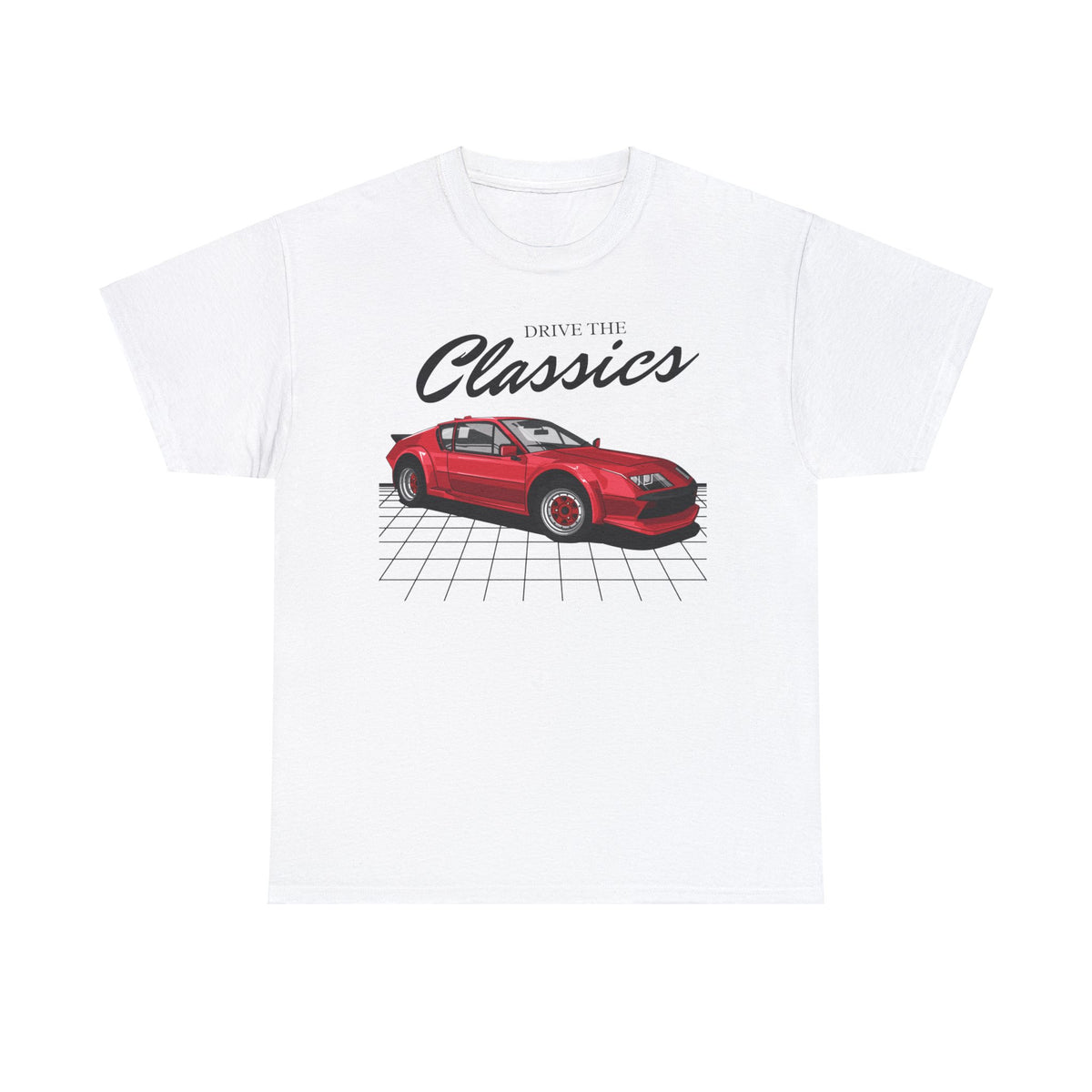 Renault Alpine A310 Classic T-Shirt – white cotton shirt featuring wedge-shaped A310 coupe (1971–1985) with rear-mounted engine and flared arches, designed for vintage French rally car enthusiasts