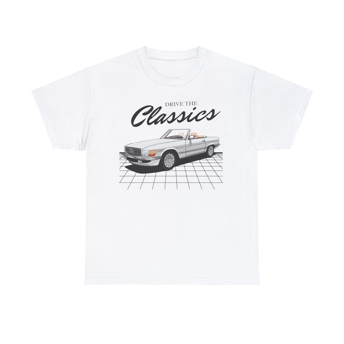 Mercedes-Benz 300SL R107 Classic T-Shirt – white cotton shirt featuring the Mercedes-Benz 300SL R107 (1985–1989) with distinctive design and performance features, designed for German automotive enthusiasts