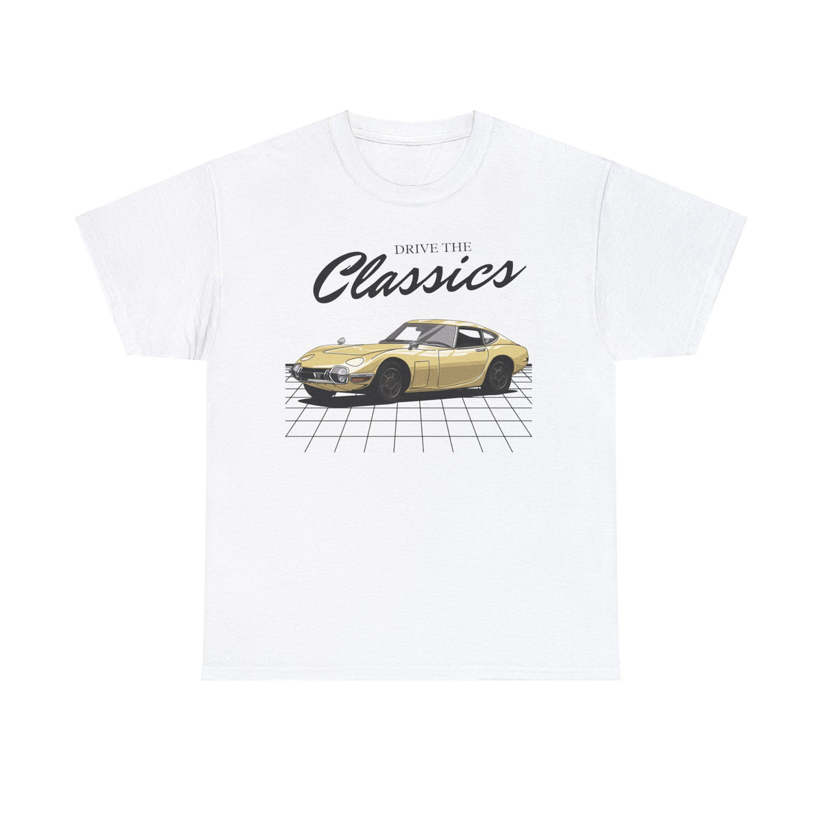 Toyota 2000GT Classic T-Shirt – white cotton shirt featuring first-generation MF10 2000GT (1967–1970) with sleek fastback design and pop-up headlights, designed for vintage JDM car enthusiasts