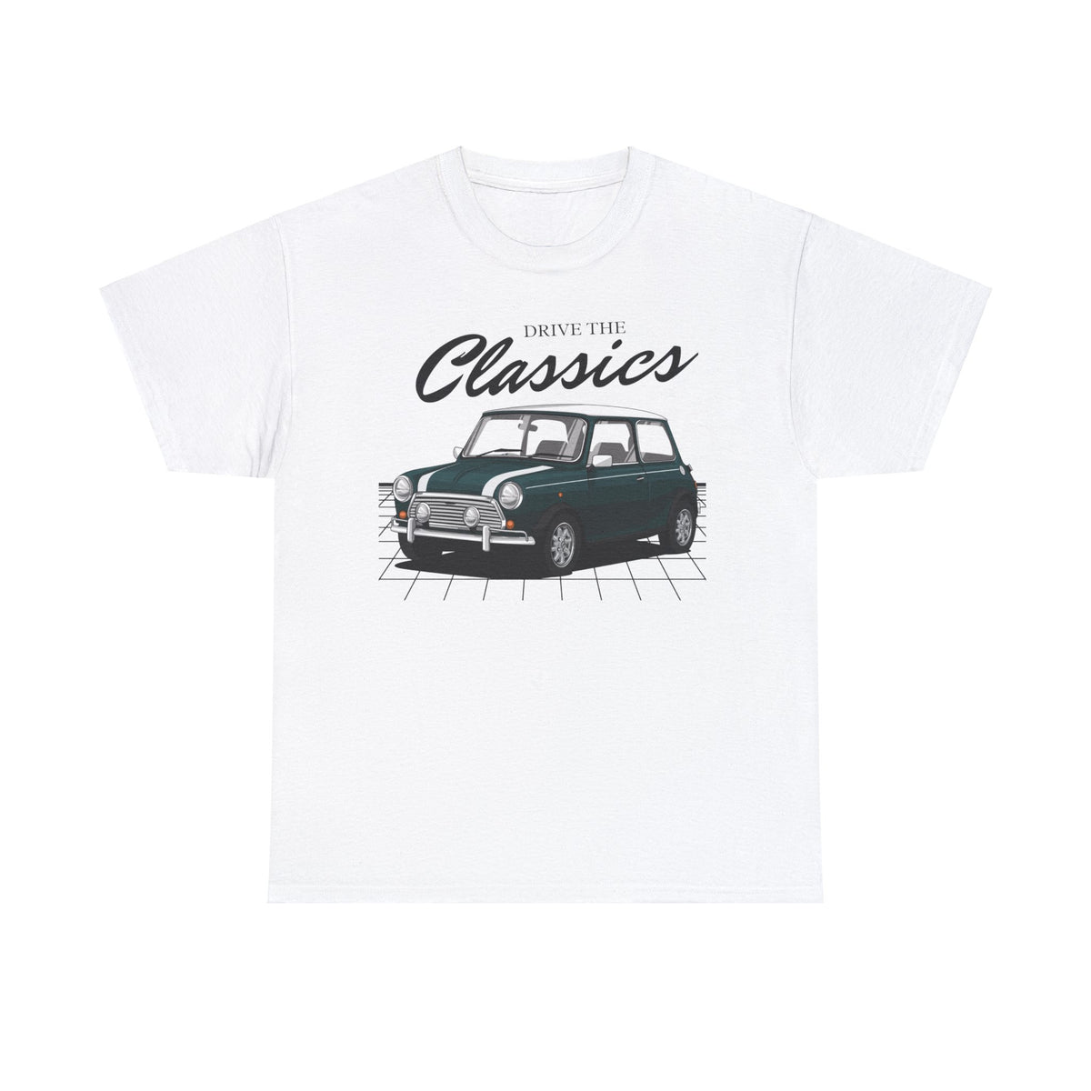 Mini Cooper Classic T-Shirt – white cotton shirt featuring the Mini Cooper (1961–2000) with distinctive compact design and racing heritage, designed for British automotive enthusiasts