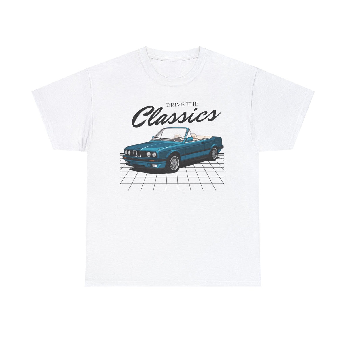 BMW E30 Cabriolet Classic T-Shirt – white cotton shirt featuring the BMW E30 Cabriolet (1985–1993) with distinctive design and performance features, designed for German automotive enthusiasts
