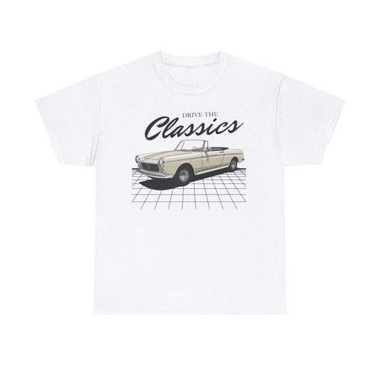Peugeot 404 Classic T-Shirt – white cotton shirt featuring the classic Peugeot 404 sedan (1960–1975) with Pininfarina-designed body and chrome accents, designed for vintage French car enthusiasts
