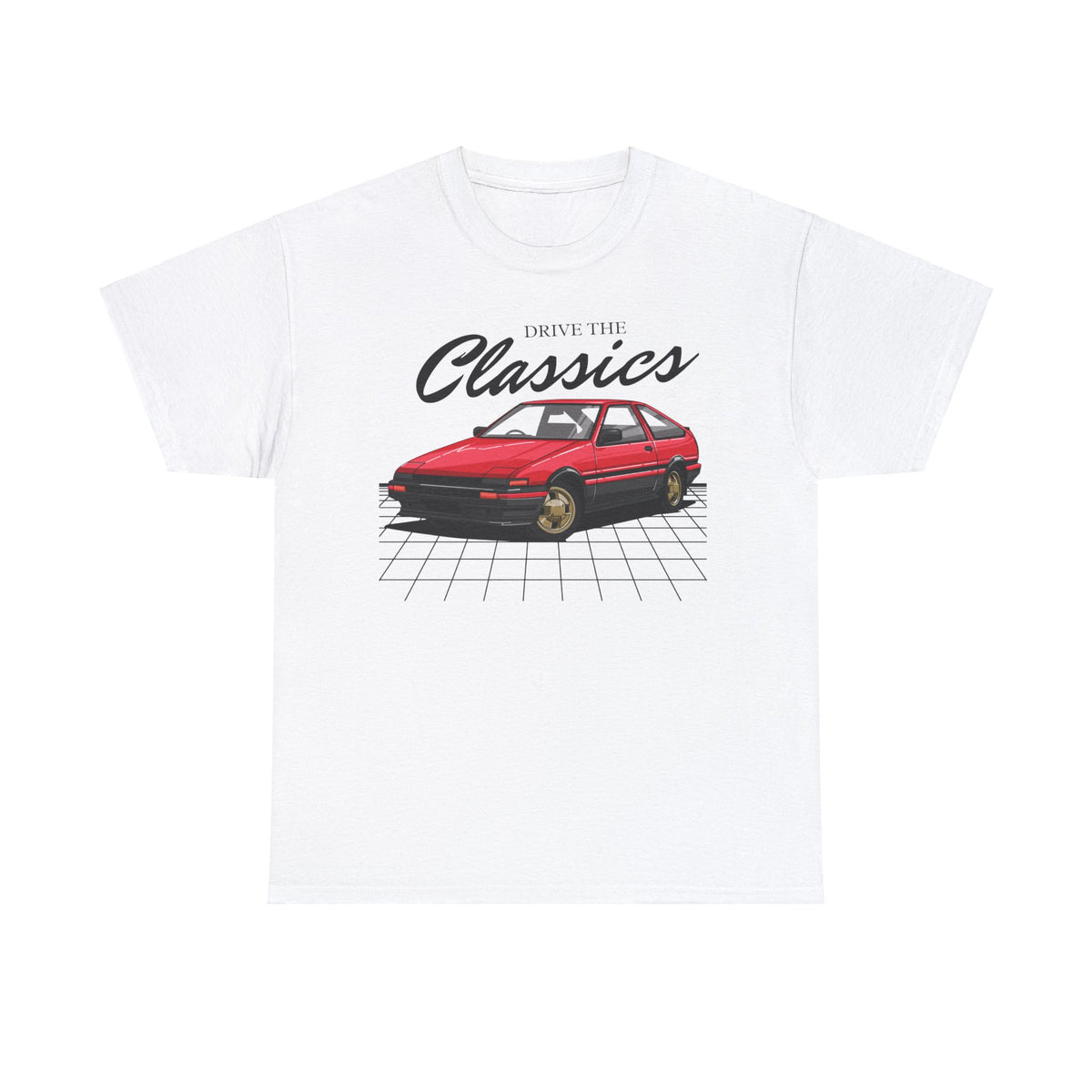 Toyota Corolla AE86 Classic T-Shirt – white cotton shirt featuring AE86 rear-wheel-drive coupe (1983–1987) with pop-up headlights, designed for vintage JDM car enthusiasts
