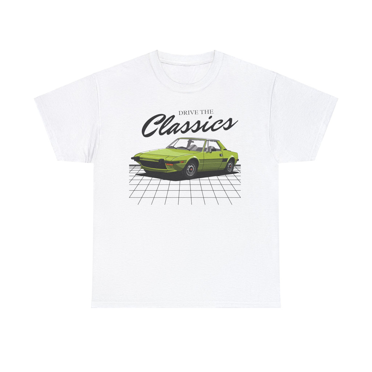 Fiat X1/9 Classic T-Shirt – white cotton shirt featuring the Fiat X1/9 (1972–1989) with distinctive wedge-shaped design and mid-engine layout, designed for Italian sports car enthusiasts
