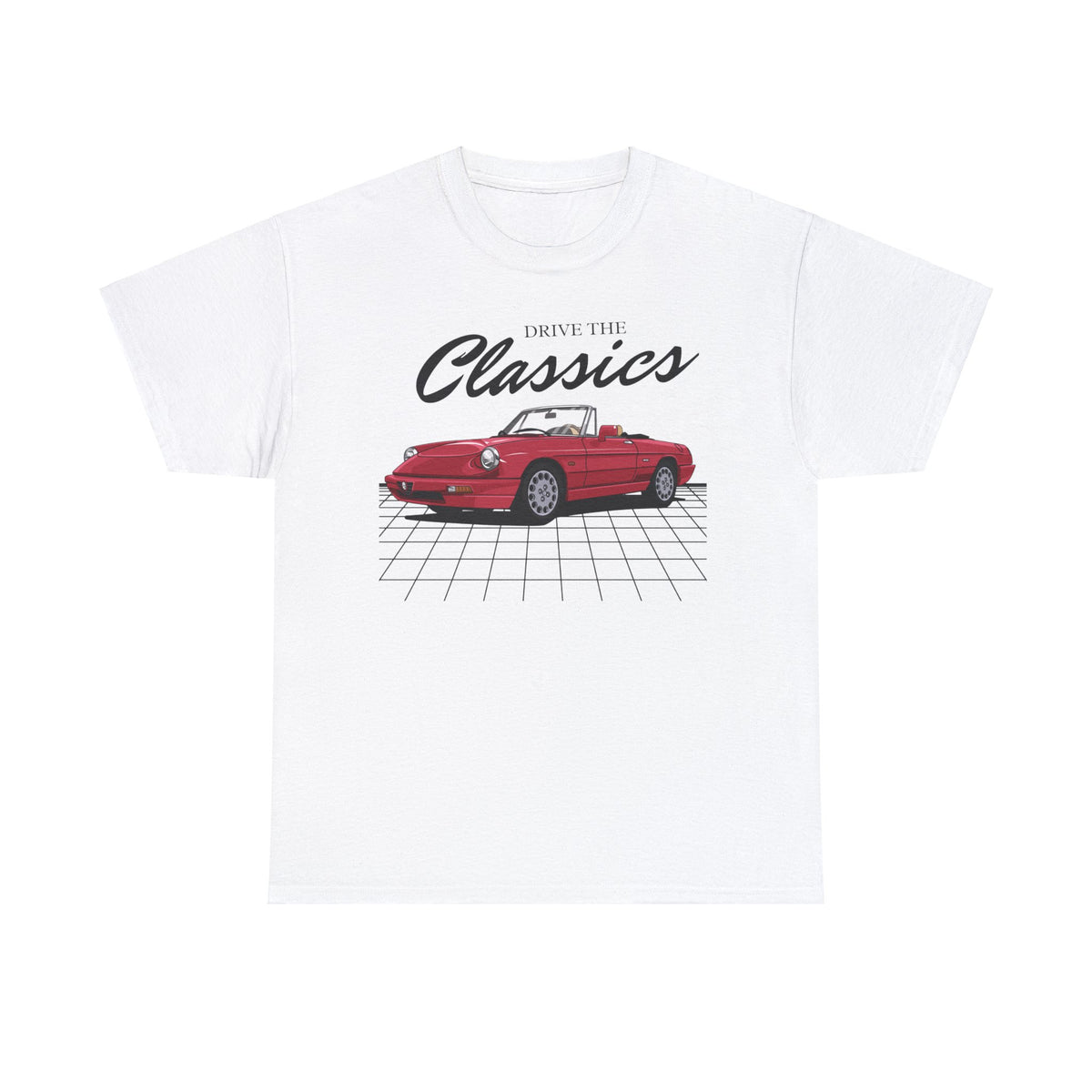 Alfa Romeo Spider Classic T-Shirt – white cotton shirt featuring Alfa Romeo Spider (1966–1993) with elegant Pininfarina design and open-top roadster layout, made for Italian classic car enthusiasts
