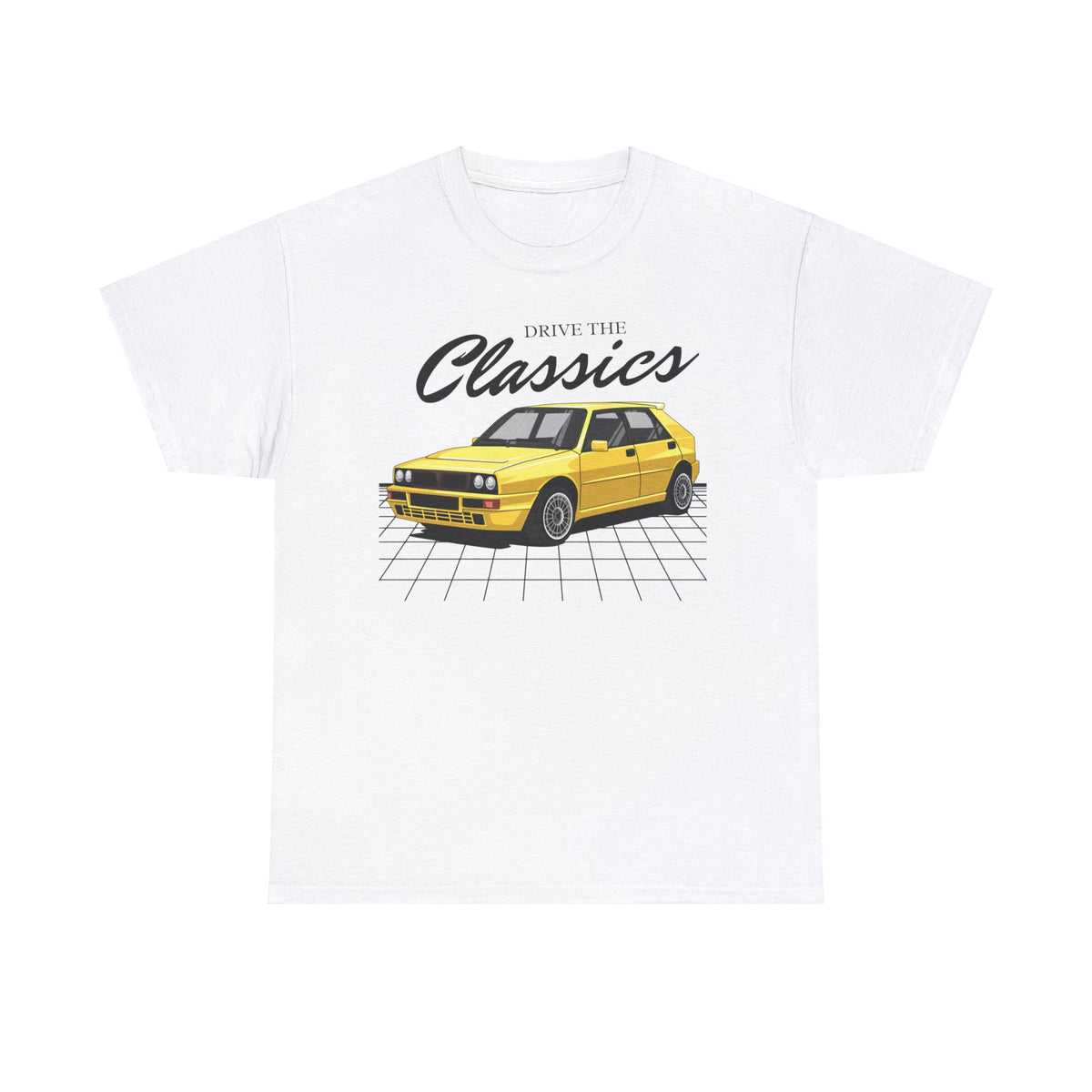 Lancia Delta HF Integrale Classic T-Shirt – white cotton shirt featuring the Lancia Delta HF Integrale (1987–1994) with distinctive rally-inspired design and performance features, designed for Italian automotive enthusiasts
