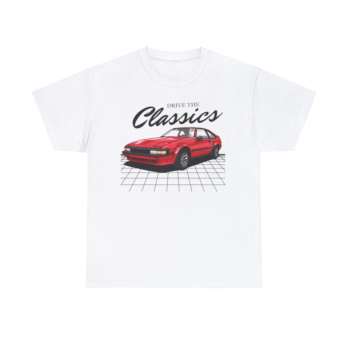 Toyota Celica Supra Classic T-Shirt – white cotton shirt featuring second-generation A60 Celica Supra (1981–1986) with pop-up headlights and flared fenders, designed for vintage JDM car enthusiasts
