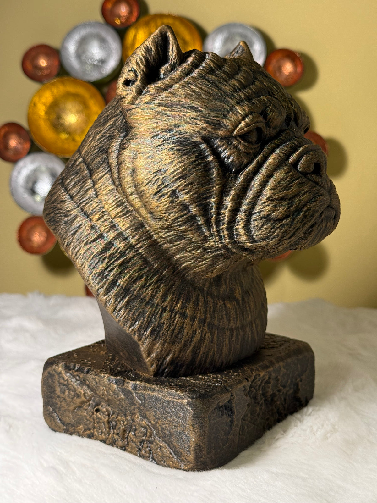 Exotic Bully bust detail – antique finish hand-painted 3D print sculpture for dog lovers